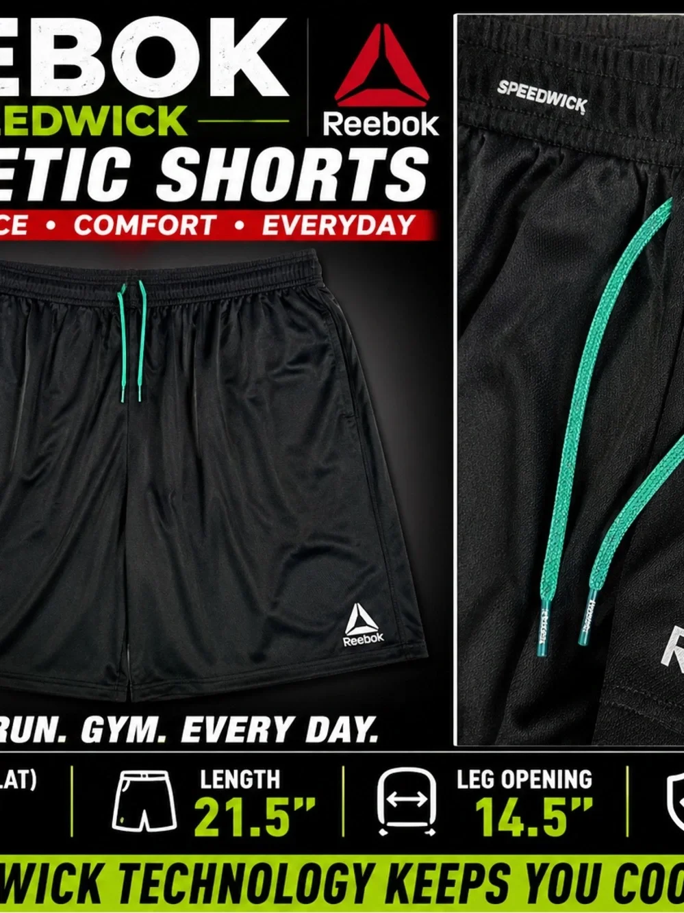 Reebok Black Athletic Shorts with Green Drawstring
